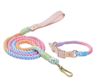 Luxe Royal Leather Rope Leash and Collar Set (Color: Macaron)